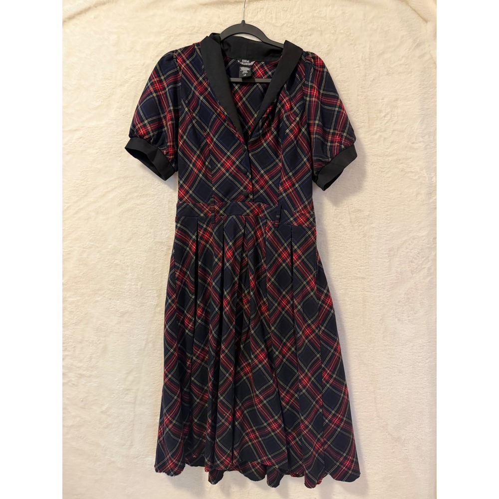 Social Collision Plaid Midi Dress Womens Large Red Blue Retro Rockabilly Pleated